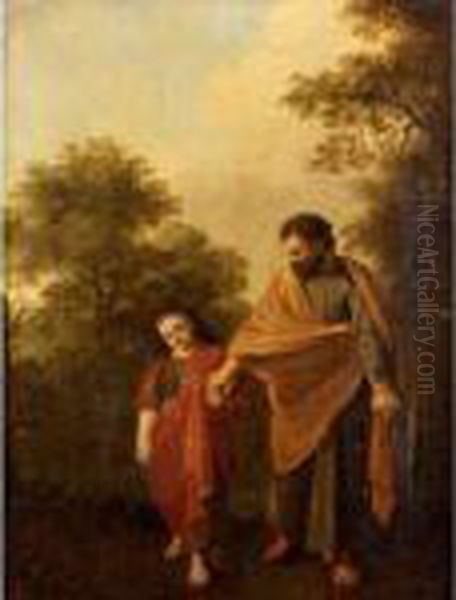 The Young Christ And Saint Joseph Walking In A Landscape Oil Painting by Jan van Haensbergen