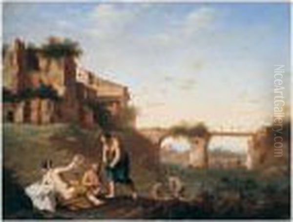 An Italianate Landscape With Nymphs Bathing Oil Painting by Jan van Haensbergen