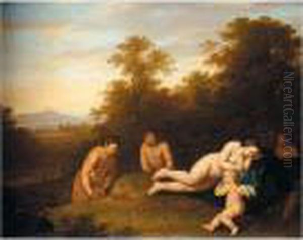 A Landscape With Venus And Cupid Surprised By Satyrs Oil Painting by Jan van Haensbergen