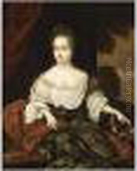 A Portrait Of A Lady, Seated Three Quarter Length, Wearing A Green Oil Painting by Jan van Haensbergen