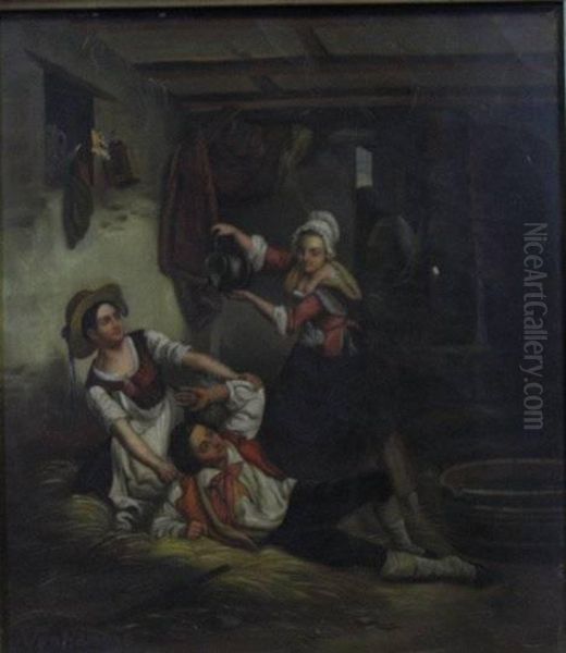 Playing In The Hay Oil Painting by Alexis van Hamme