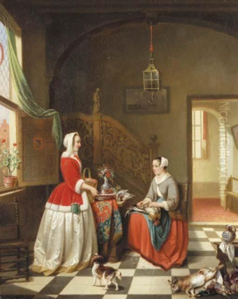 A Lady Giving Instructions To Her Maid In A 17th Centuryinterior Oil Painting by Alexis van Hamme