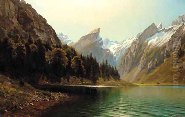 An Alpine lake landscape Oil Painting by Ludwig Hans Fischer