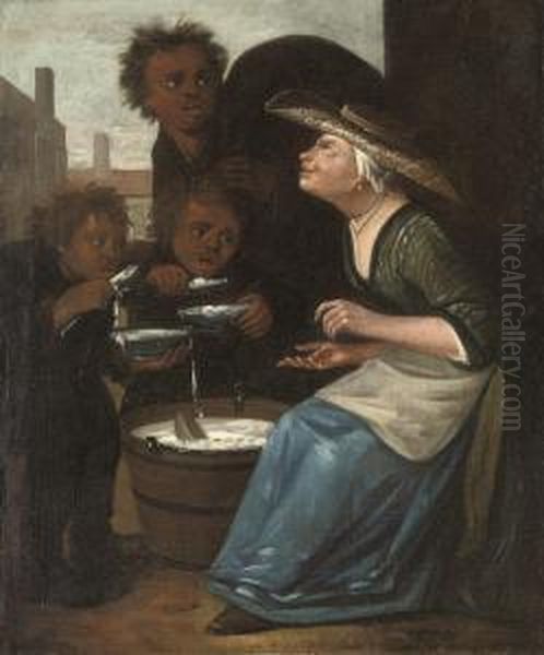 A Woman Feeding Three Chimney Sweeps Gruel Oil Painting by Maarten Van Heemskerck