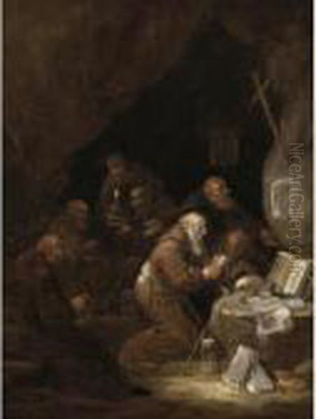 A Group Of Hermit Monks In A Grotto Oil Painting by Maarten Van Heemskerck