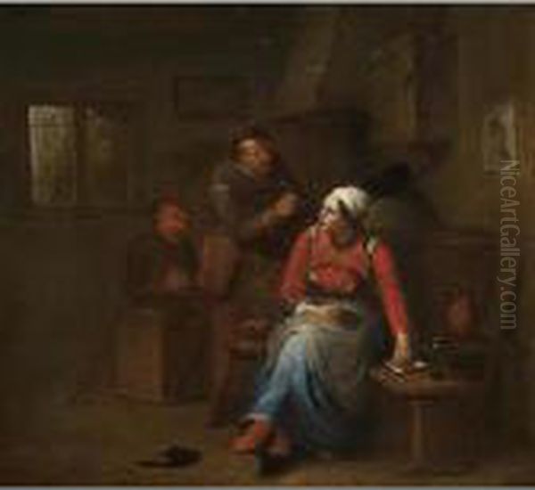 Two Peasants And A Woman In An Inn Oil Painting by Maarten Van Heemskerck