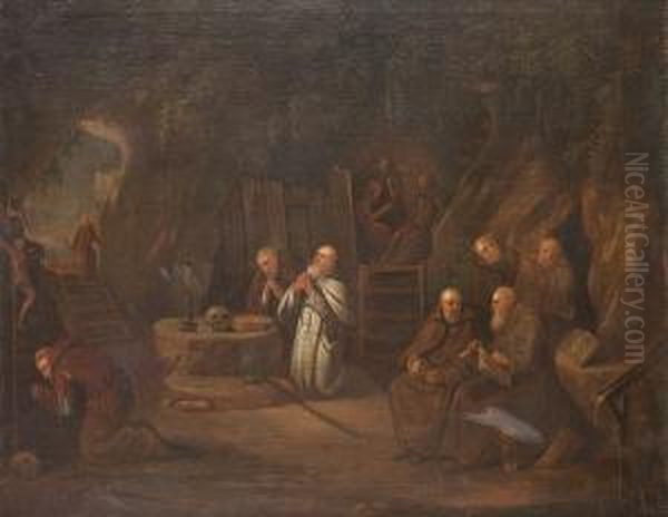 Monks At Prayer In A Grotto Oil Painting by Maarten Van Heemskerck