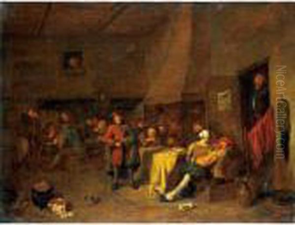 A Tavern Interior With A Pipe-player And A Merry Company Carousing And Playing Cards Oil Painting by Maarten Van Heemskerck