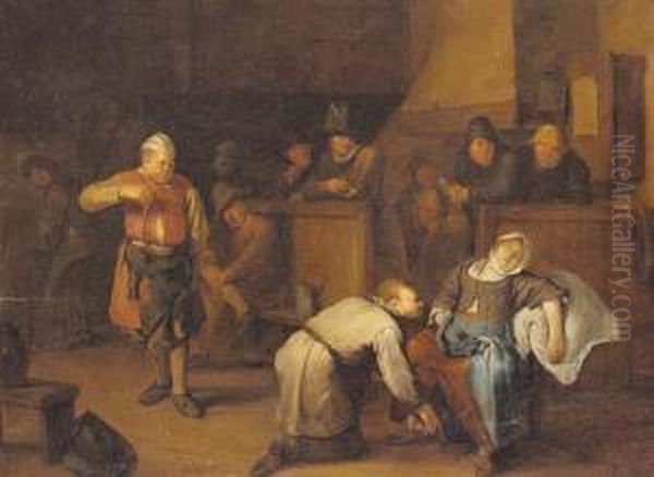 A Tavern Interior Oil Painting by Maarten Van Heemskerck