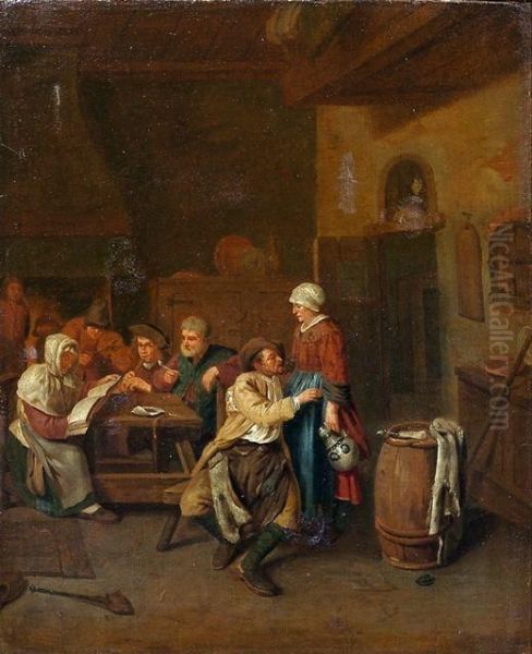 Wirtshausszene Mit Musizierender
 Gesellschaft An Einem Tisch Und Einem Schakernden Paar Im Vordergrund Oil Painting by Egbert Ii Van Heemskerck