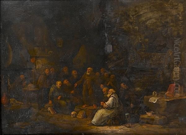 Monks Debating In A Grotto Oil Painting by Egbert Ii Van Heemskerck