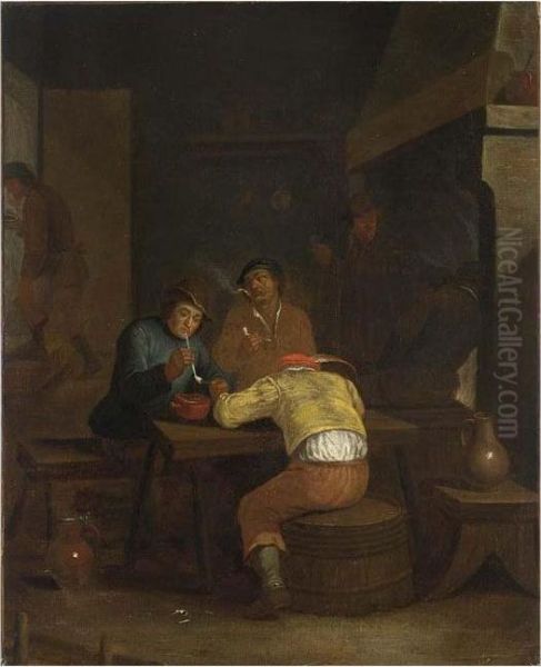 A Tavern Interior With Peasants Smoking And Drinking Oil Painting by Egbert Ii Van Heemskerck