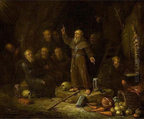 Hermit Monks In A Grotto Oil Painting by Egbert Ii Van Heemskerck