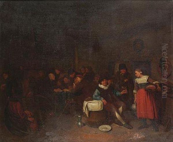 Tavern Interior Oil Painting by Egbert Ii Van Heemskerck