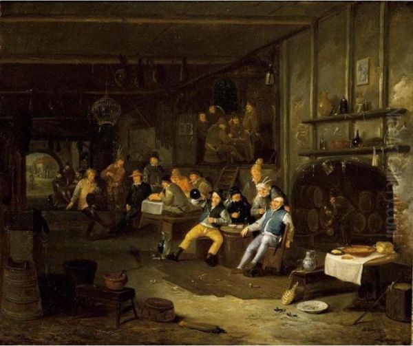 An Interior Of An Inn With 
Peasants Smoking, Drinking And Eating Around Tables Together With A 
Violin Player And A Dancing Peasant Oil Painting by Egbert Ii Van Heemskerck