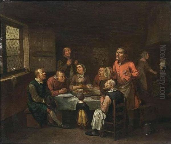 A Family Praying At A Table In An Interior Oil Painting by Egbert Ii Van Heemskerck