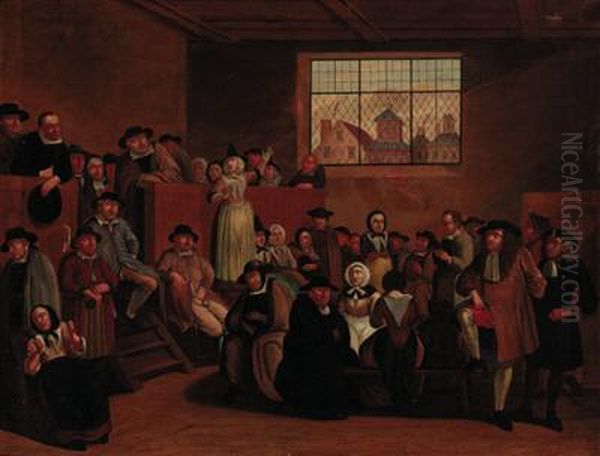 A Quaker Meeting Oil Painting by Egbert Ii Van Heemskerck