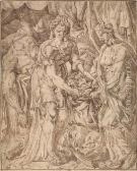 Judith Putting Holofernes Head In A Sack (book Of Ruth 13:11)<</b> Oil Painting by Maerten van Heemskerck