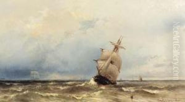 Shipping On A Rough Sea Oil Painting by Jacob Eduard Van Heemskerck Van Beest