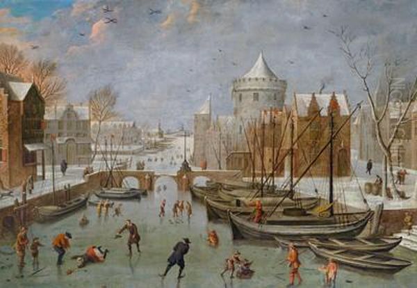 Werkstatt Eisvergnugen Vor Einer Flamischen Stadt Oil Painting by Daniel van Heil