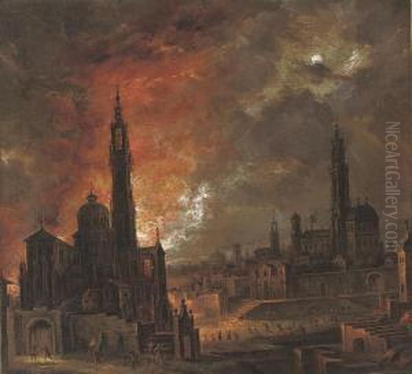 A City On Fire At Night With Townsfolk Fleeing by Daniel van Heil