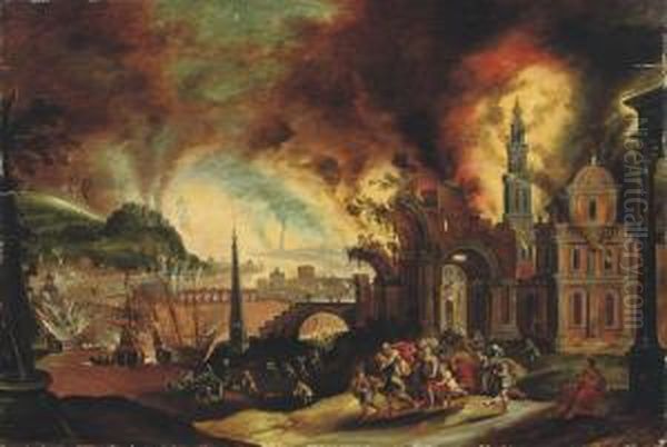 Aeneas Carrying His Father Anchises From The Burning City Oftroy Oil Painting by Daniel van Heil