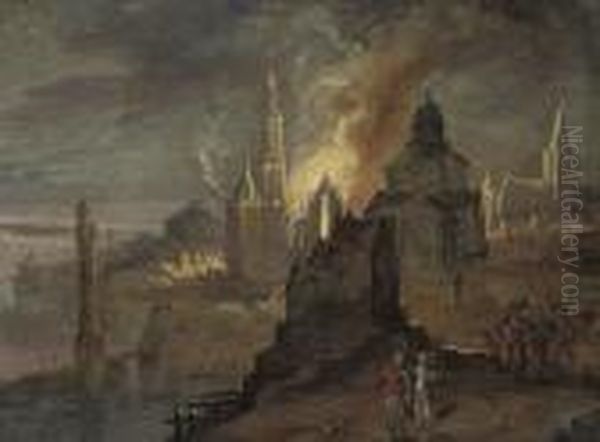 Lot And His Daughters Fleeing Sodom And Gomorrah Oil Painting by Daniel van Heil