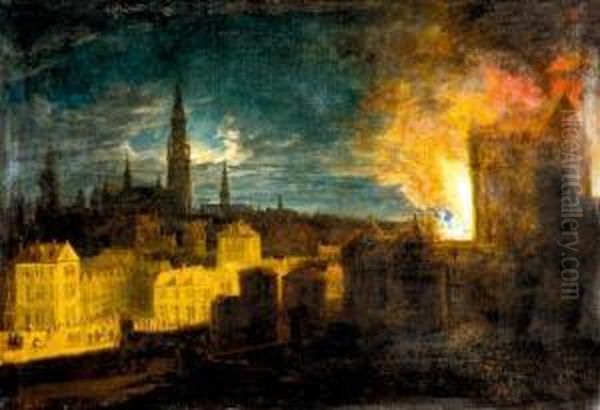 Vue Fantastique De L'incendie De La Ville D'anvers Oil Painting by Daniel van Heil