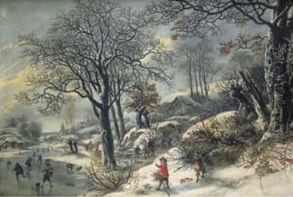 A Frozen River Landscape With Huntsmen And Skaters Oil Painting by Daniel van Heil