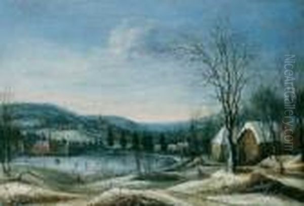 Winterlandschaft Mit Eislaufern 
Auf Einem Teich. Ol Auf Leinwand (doubliert). H 57,5; B 82,5 Cm. Eine 
Vergleichbare Winterlandschaft Heils Von Identischem Format Befindet 
Sich In Den Musees Royaux Des Beaux-arts In Brussel. - Der Brusseler 
Maler D Oil Painting by Daniel van Heil