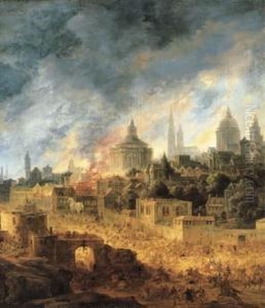 The Burning Of Troy Oil Painting by Daniel van Heil