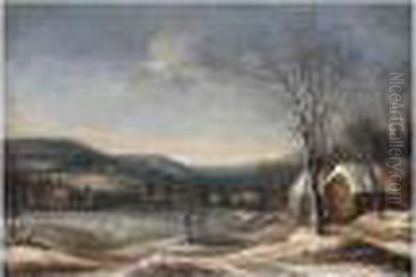 A Winter Landscape With Skaters On A Lake, A Village Beyond Oil Painting by Daniel van Heil