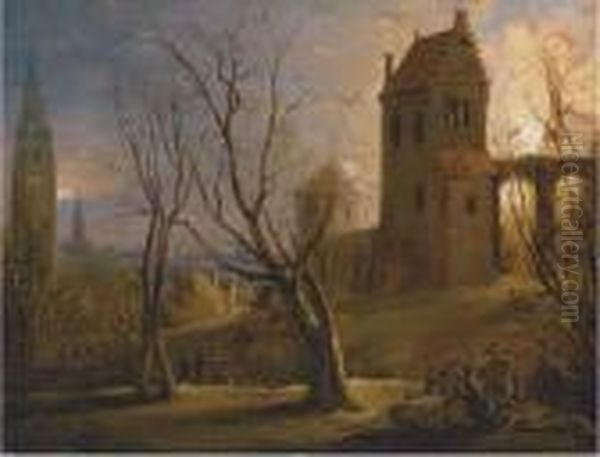 A Town At Sunset With A House On Fire In The Foreground Oil Painting by Daniel van Heil