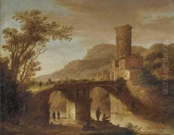 An Italianate Landscape With 
Fishermen By A River And Peasants Crossing A Bridge Leading To A Town Oil Painting by Daniel van Heil