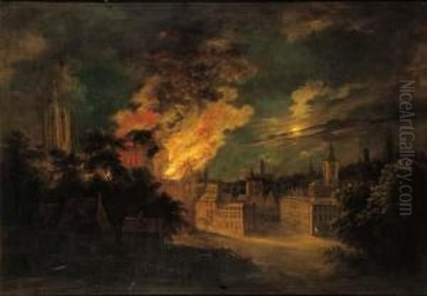 A Fire In Brussels At Night Oil Painting by Daniel van Heil