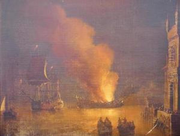 Ship Burning In A Harbor Oil Painting by Daniel van Heil