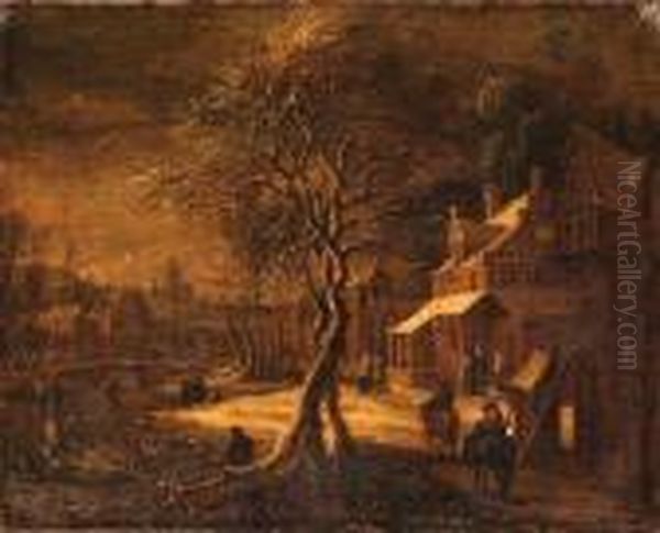 A Winter Landscape With Travellers On A Path In A Village, A Frozenwaterway Nearby Oil Painting by Daniel van Heil