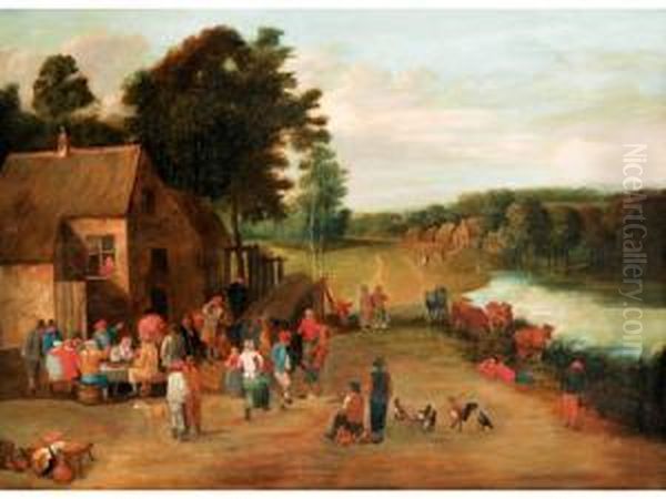 Country Folk At A Riverside Tavern Oil Painting by Matheus van Helmont