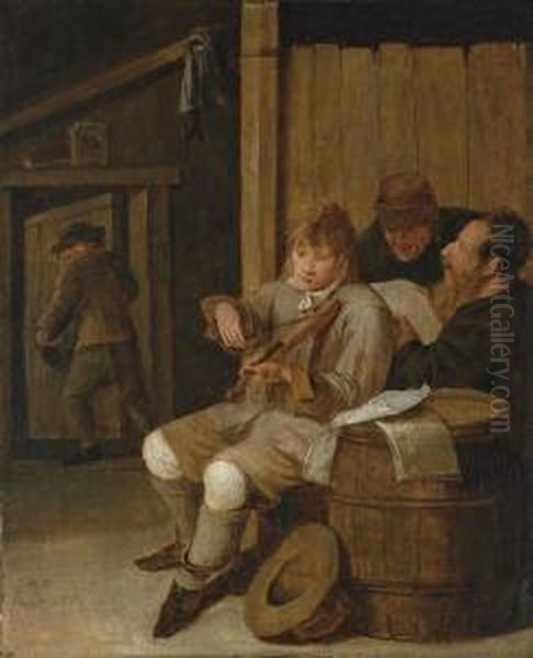 A Young Fiddler Making Music Accompanied By Two Peasants Singing In An Interior Oil Painting by Matheus van Helmont