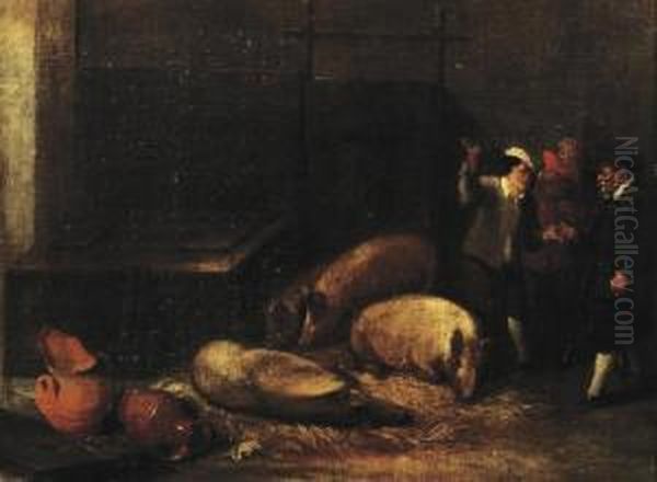 A Gentleman And A Peasant Making A Deal On The Sale Of A Pig In A Pigsty Oil Painting by Matheus van Helmont