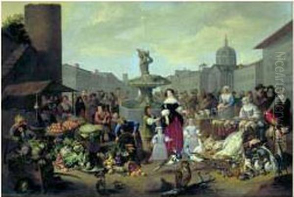 Scene De Marche Place Navone (?) A Rome Oil Painting by Matheus van Helmont