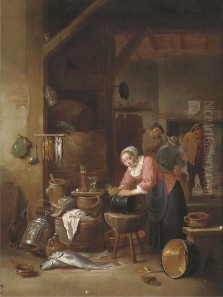 A Tavern Interior With A Woman Cleaning A Cauldron Oil Painting by Matheus van Helmont