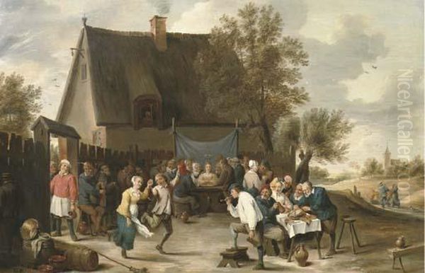 Villagers Celebrating A Wedding Feast Outside A Country Tavern Oil Painting by Matheus van Helmont