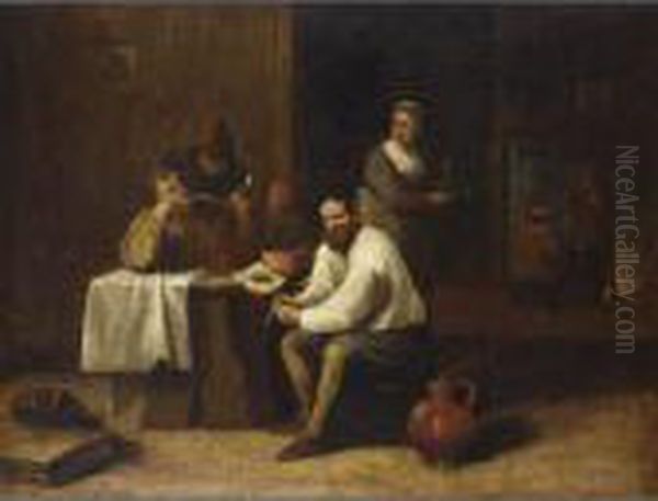 Peasants Sitting Around A Table And Smoking, Figures Near A Fireplace In The Background Oil Painting by Matheus van Helmont