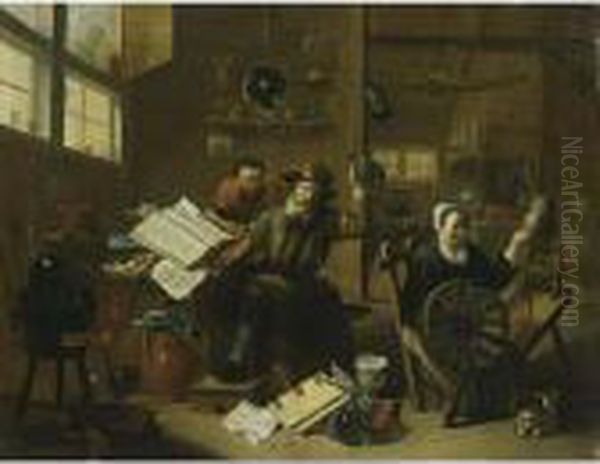 An Interior Scene With An 
Alchemist And His Assistant, Together With A Woman Behind A Spinning 
Wheel And A Cat Oil Painting by Matheus van Helmont