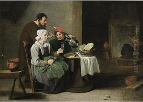 A Peasant Woman And A Young Man 
Eating And Drinking At A Table, With A Man Standing Behind, Other 
Figures Near A Fireplace In The Background Oil Painting by Matheus van Helmont