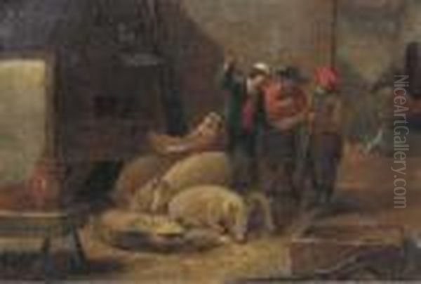 Peasants And Swine In An Interior Oil Painting by Matheus van Helmont