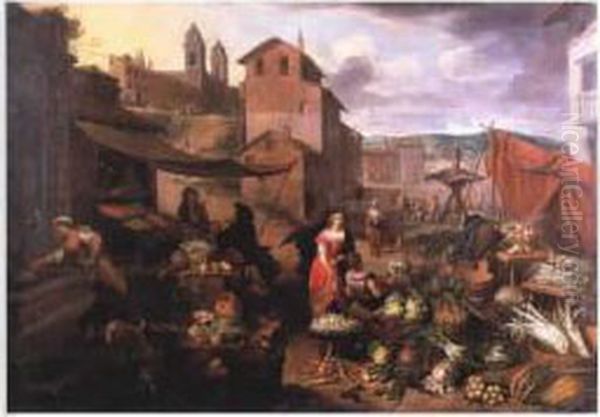 Scene De Marche Sur La Piazza Del Popolo Oil Painting by Matheus van Helmont