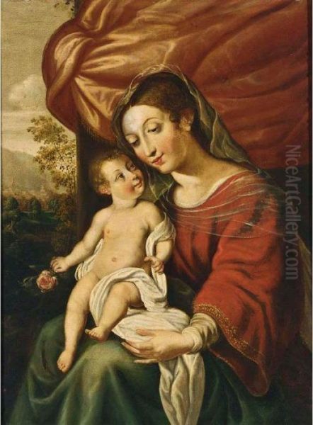 Madonna And Child Before A Curtain, A Landscape Beyond Oil Painting by Jan Sanders Van Hemessen