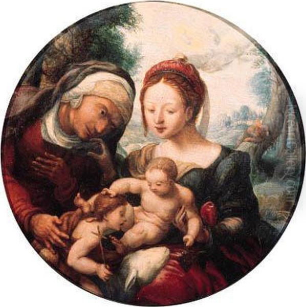 The Madonna And Child Adored By 
Saint Elisabeth And The Infantsaint John The Baptist In A Landscape Oil Painting by Jan Sanders Van Hemessen